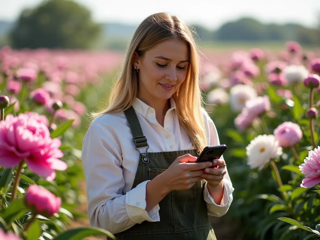 Peony farmer scanning QR code